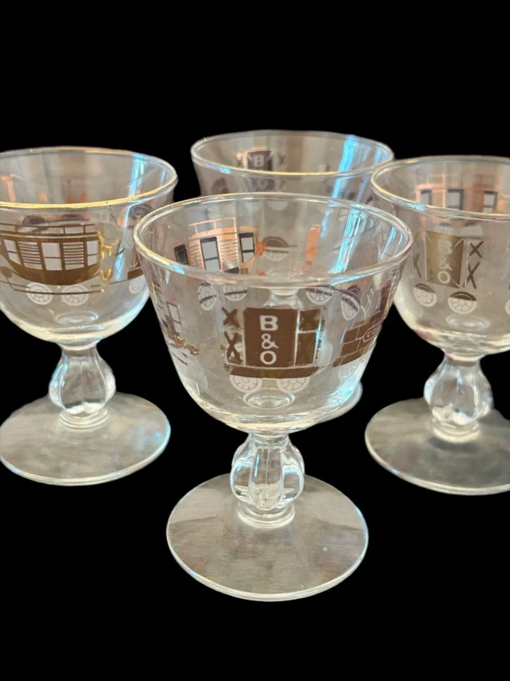 Four Vintage MCM Libby B&0 Railroad Gold Leaf Cordial BarWare Glasses
